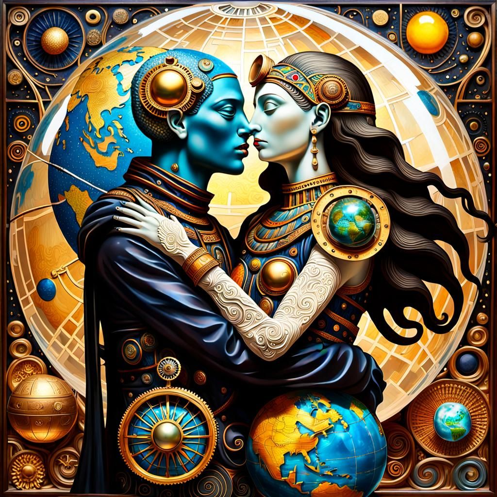 Mother Earth and Sun God Ra in Steampunk Klimt Style