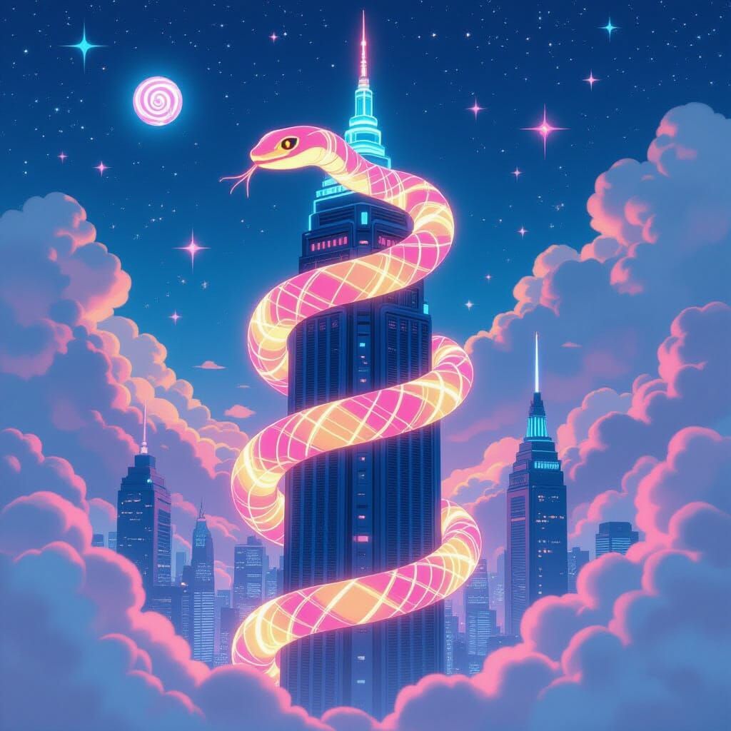 Gummy Serpent in Sweet Metropolis, Whimsical Digital Art