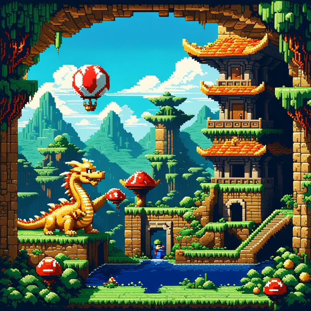Pixel Art Dragon and Mario in Temple Landscape