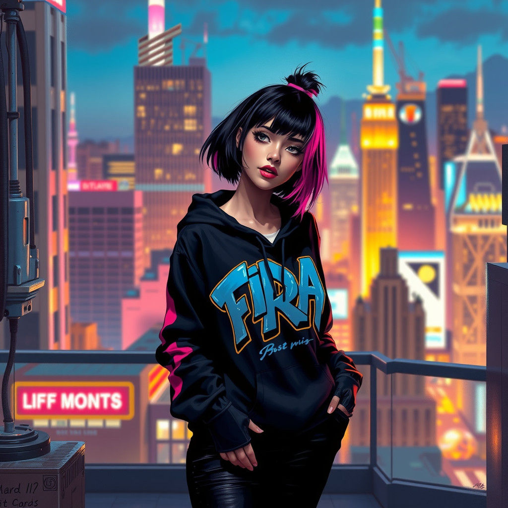 Lucy in Sorayama-Inspired Retro-Futuristic Cityscape