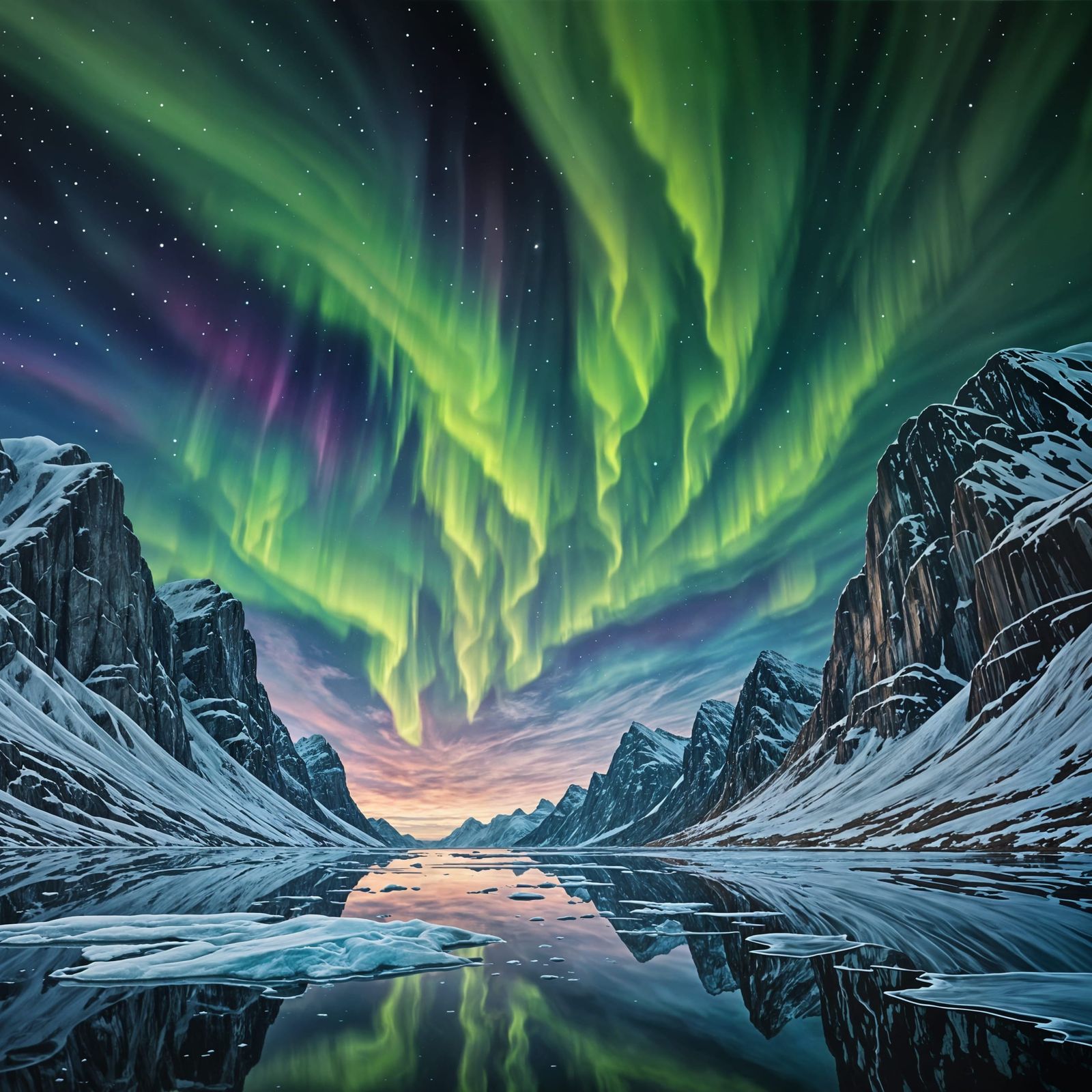 Fjord Landscape with Aurora Borealis, Acrylic Painting