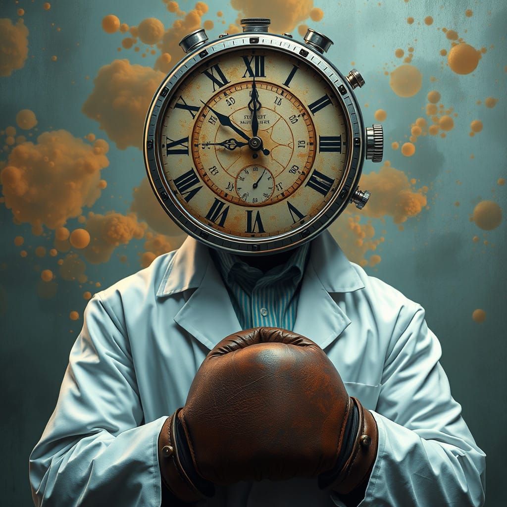 Scientist in Lab Coat with Clock Head Wearing Boxing Gloves ...