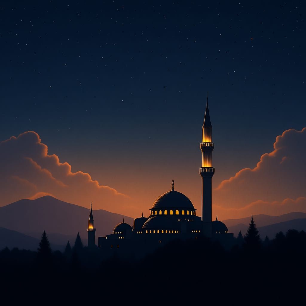 Glowing Crescent Moon Over Mosque Silhouette