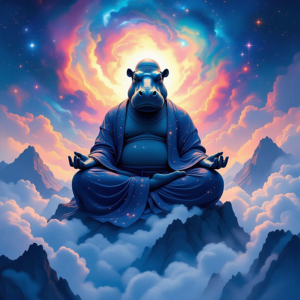 Colossal Hippo Monk Meditating Amidst Cosmic Starlight