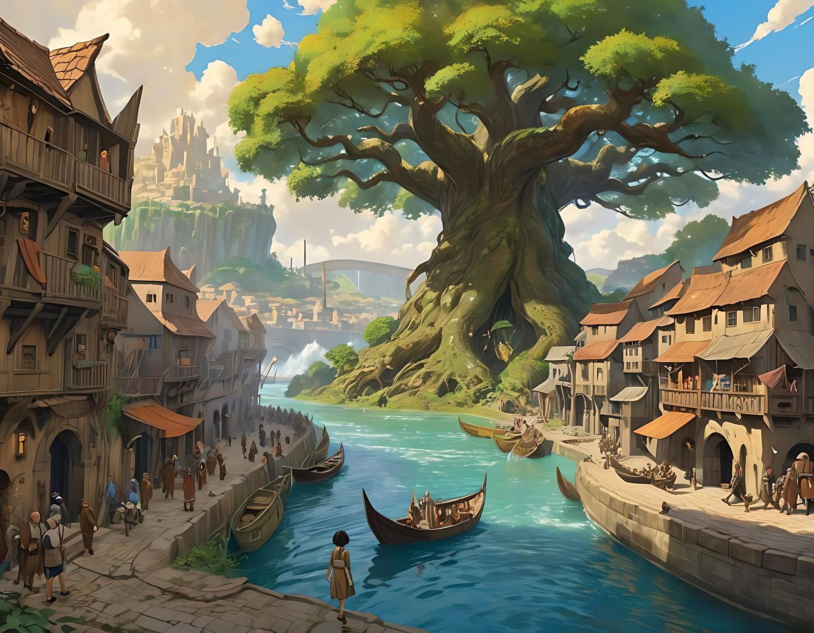 Gnarled Forest Tree in Mesopotamian City: Anime Style