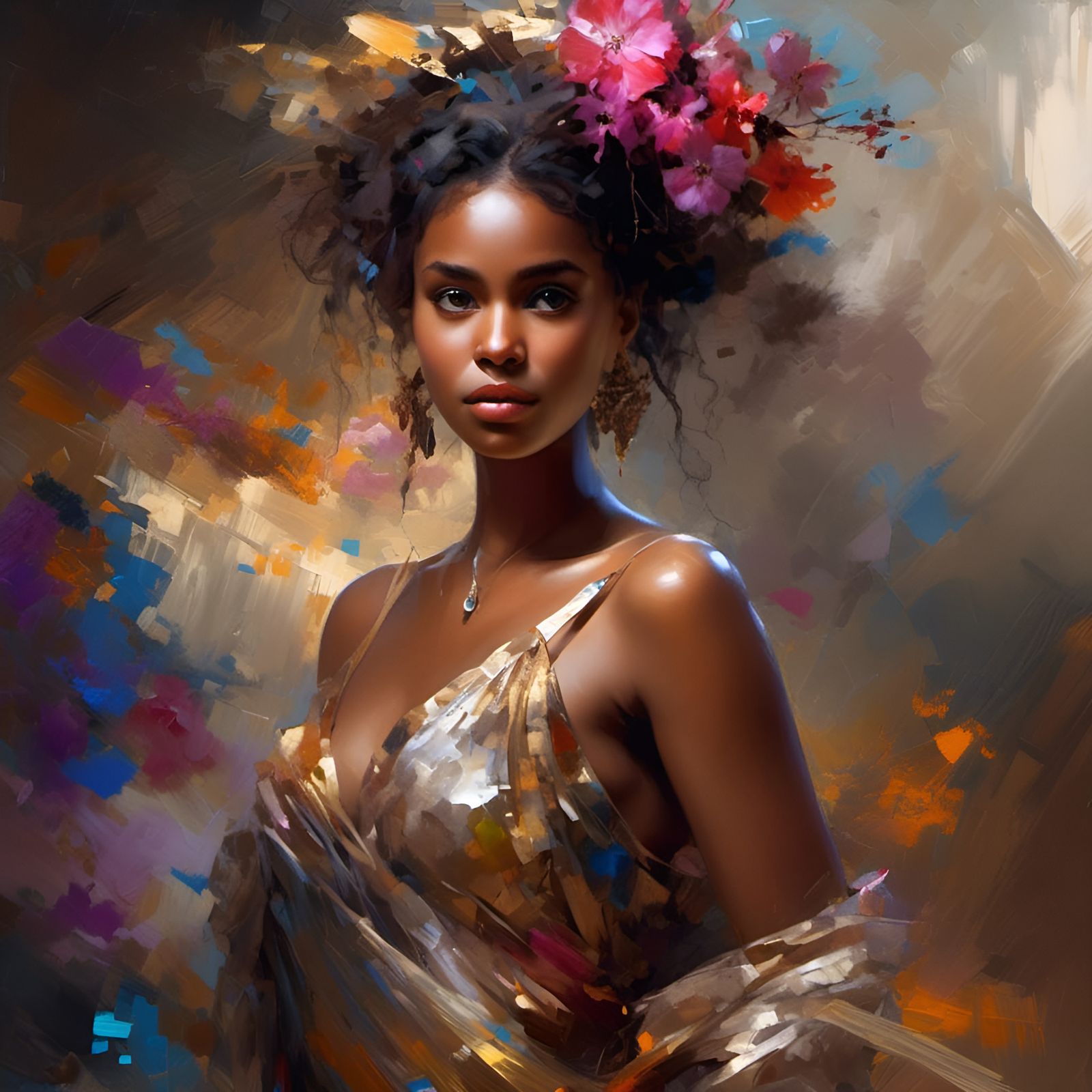 Beautiful Brown Skin Woman in Digital Art Style