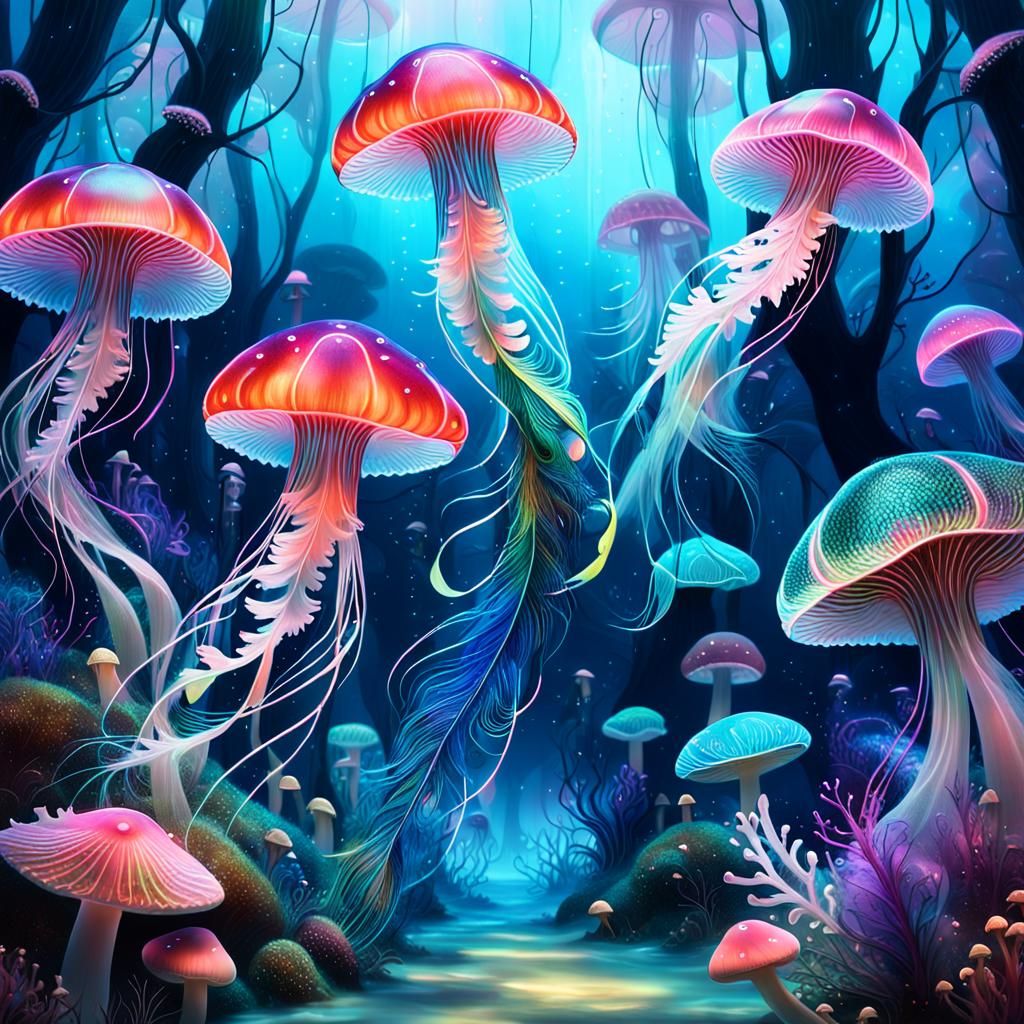 Enchanted Ocean Forest: Bioluminescent Fish and Jellyfish Mu...