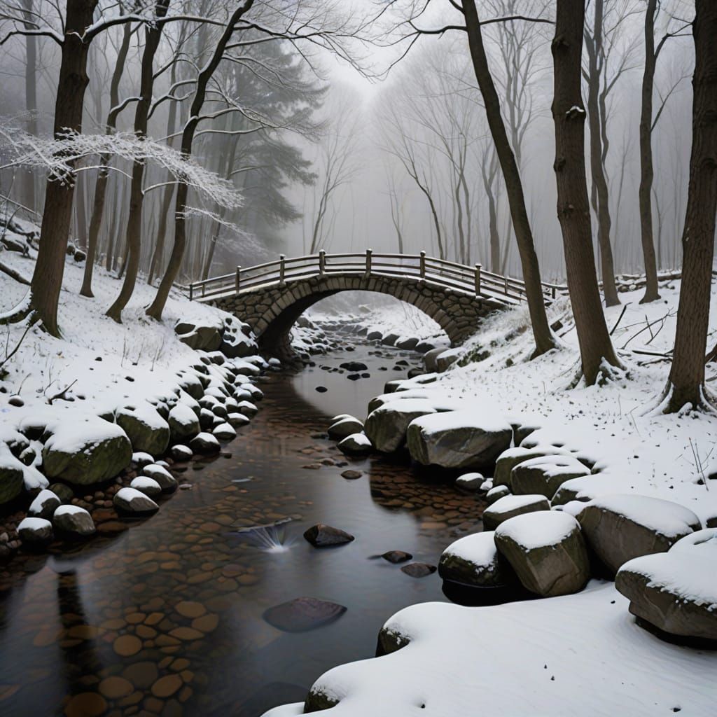 Tranquil Winter Forest Path by Misty Stream