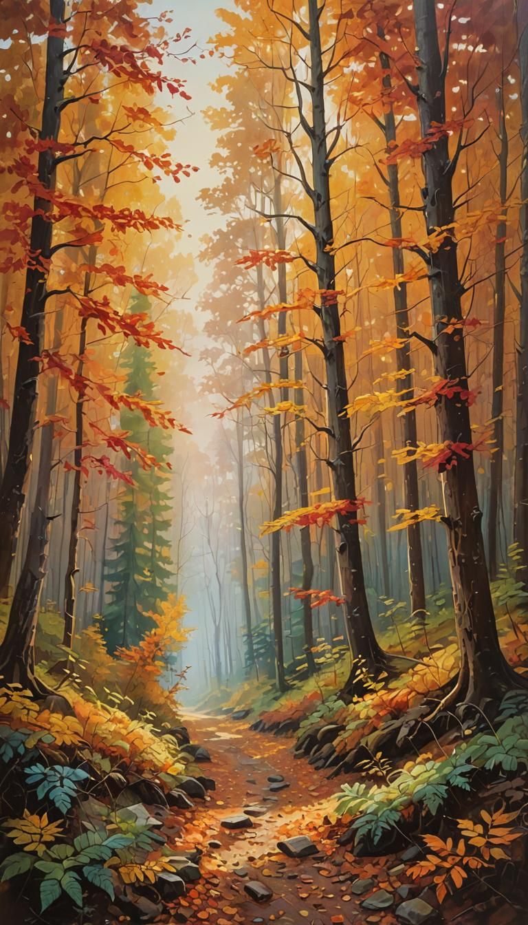 Colorful Autumnal Forest Path Oil Painting