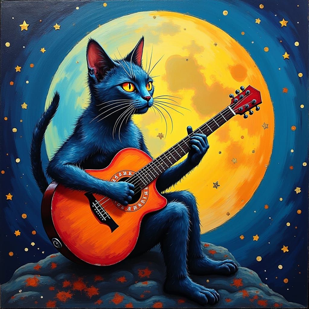 Cat on the Moon Playing Guitar in Surreal Style