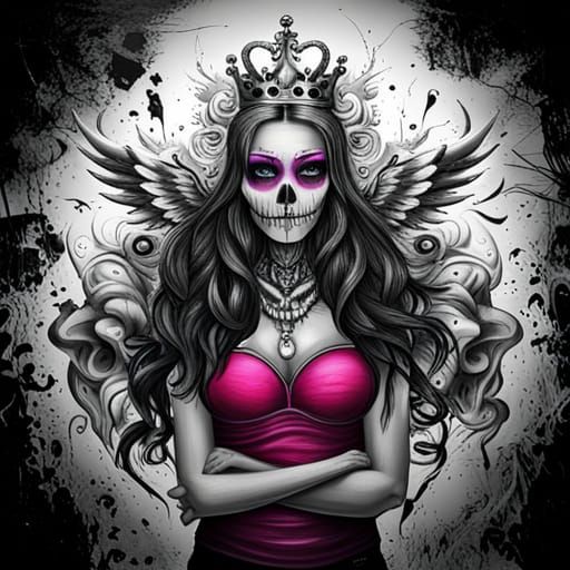 Skull-Faced Queen with Wings in Graffiti Art Style