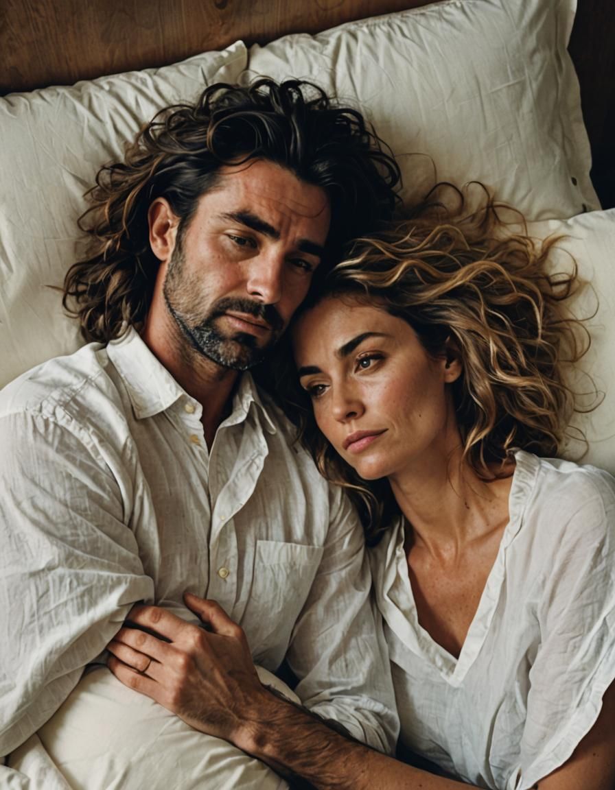 Intimate Moment: Man and Woman Sharing a Pillow