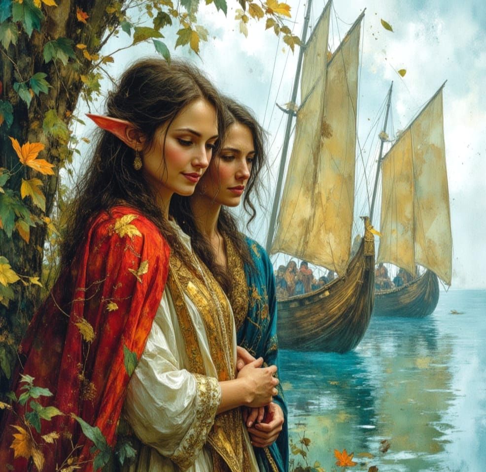 Elven Family in Middle-earth Harbor: Watercolor Style