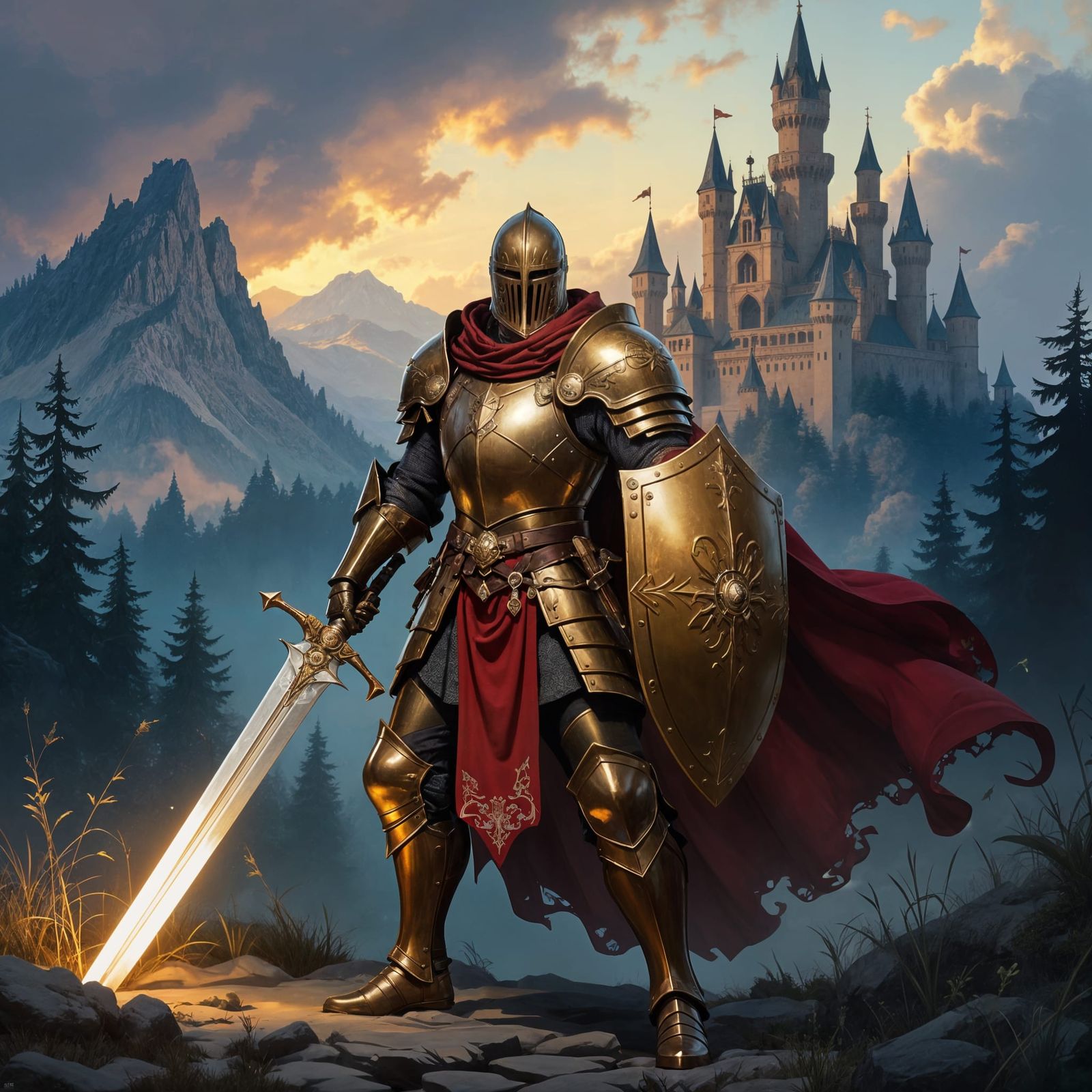 Heroic Knight in Copper Armor Against Medieval Landscape