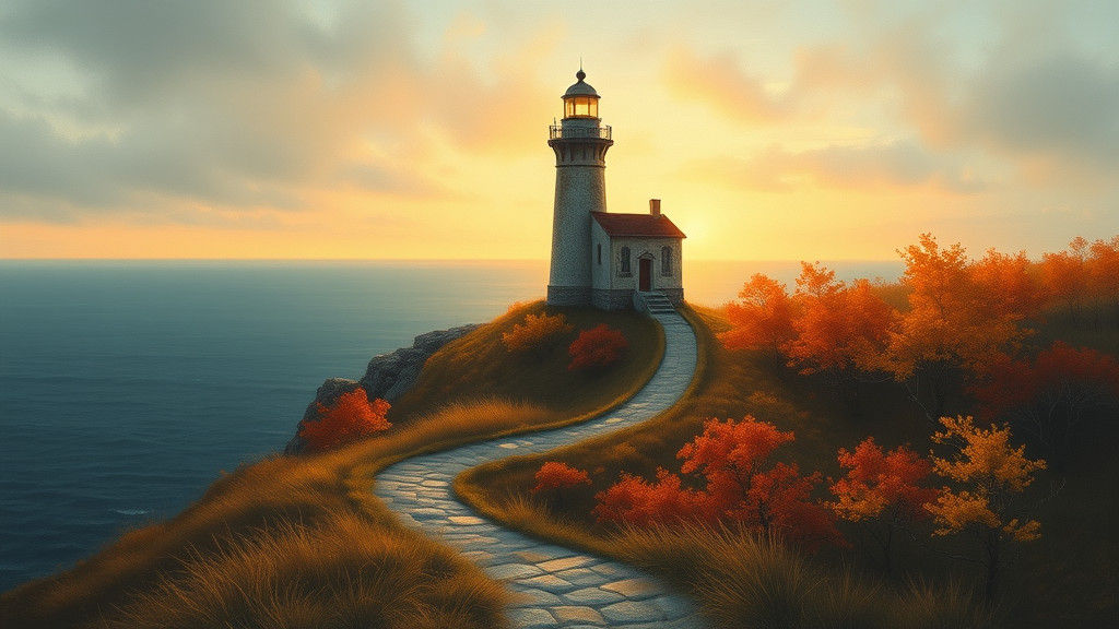 Coastal Lighthouse at Sunset in Autumnal Colors