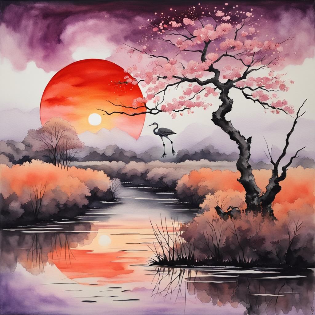 Sakura Tree at Dawn: Minimalist Watercolor Landscape