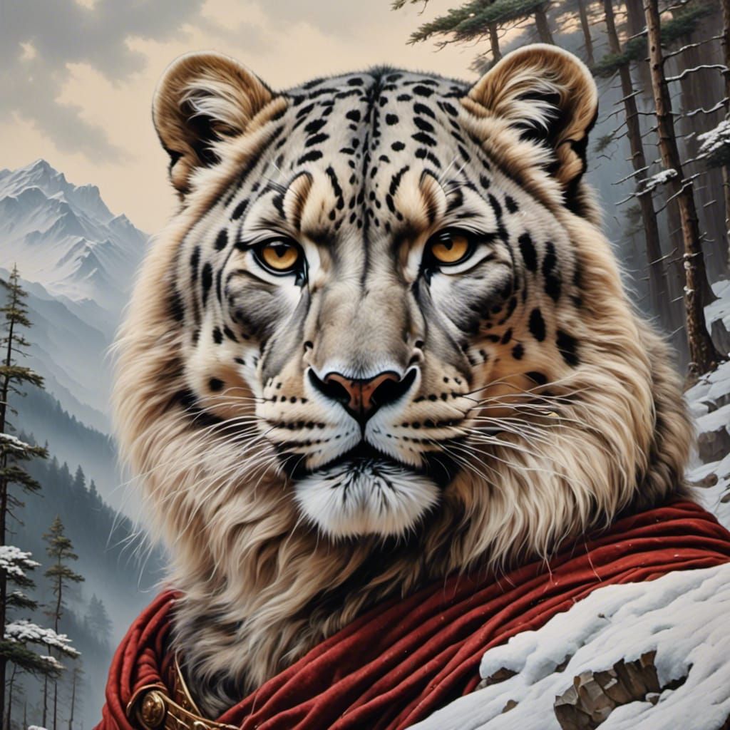 Snow Leopard Portrait in Oil Painting Style