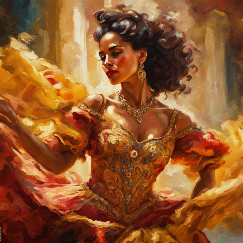 Cuban Woman Dancing in Baroque Oil Painting Style