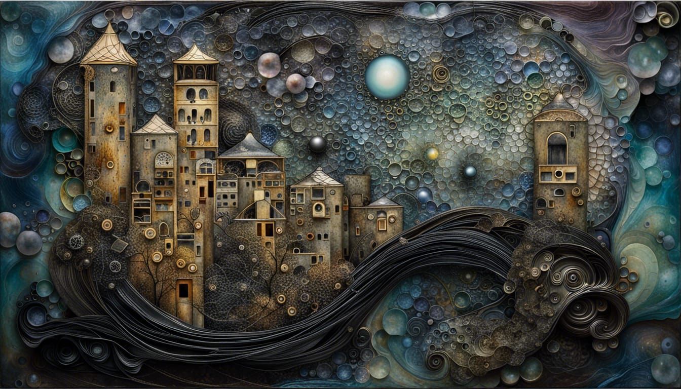 Ethereal Landscape with Glass Buildings as Encaustic Art