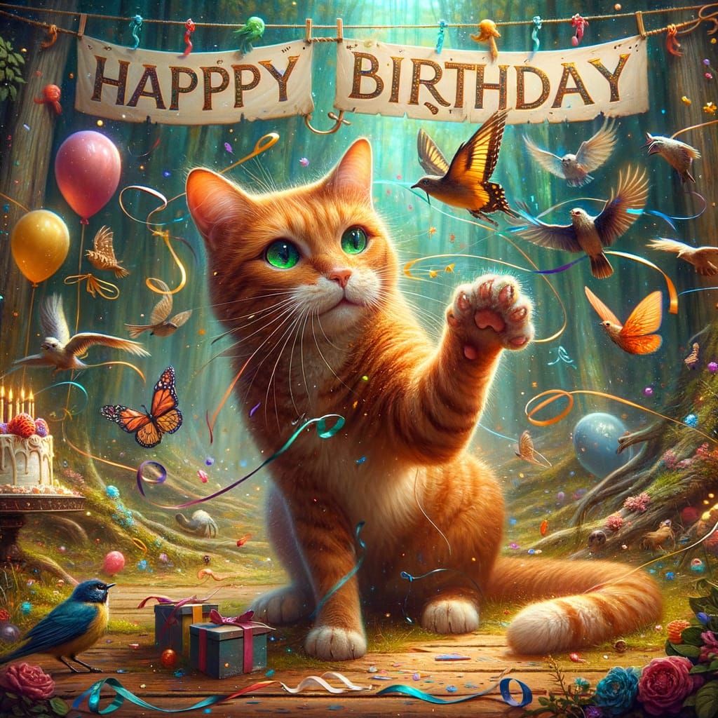 Playful Ginger Cat in Fantastical Birthday Matte Painting