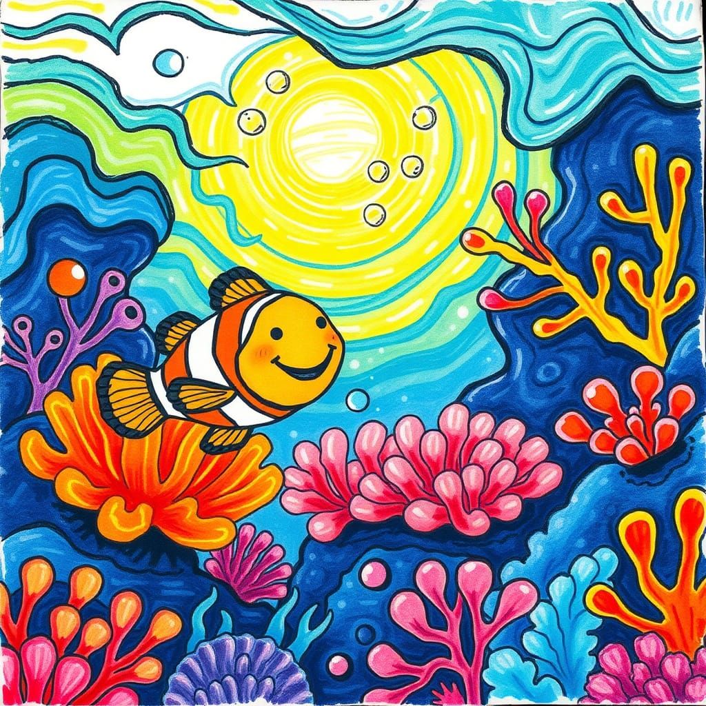Smiling Clownfish in Vibrant Coral Reef Illustration