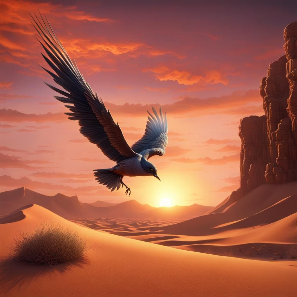 Desert Sunset: Bird in Flight, Detailed Matte Painting