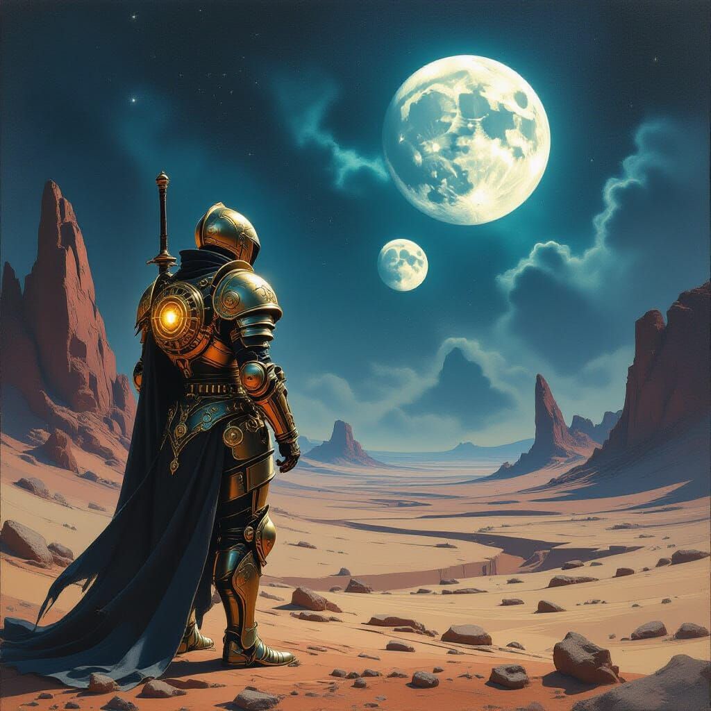 Steampunk Knight Gazes at Alien Moons