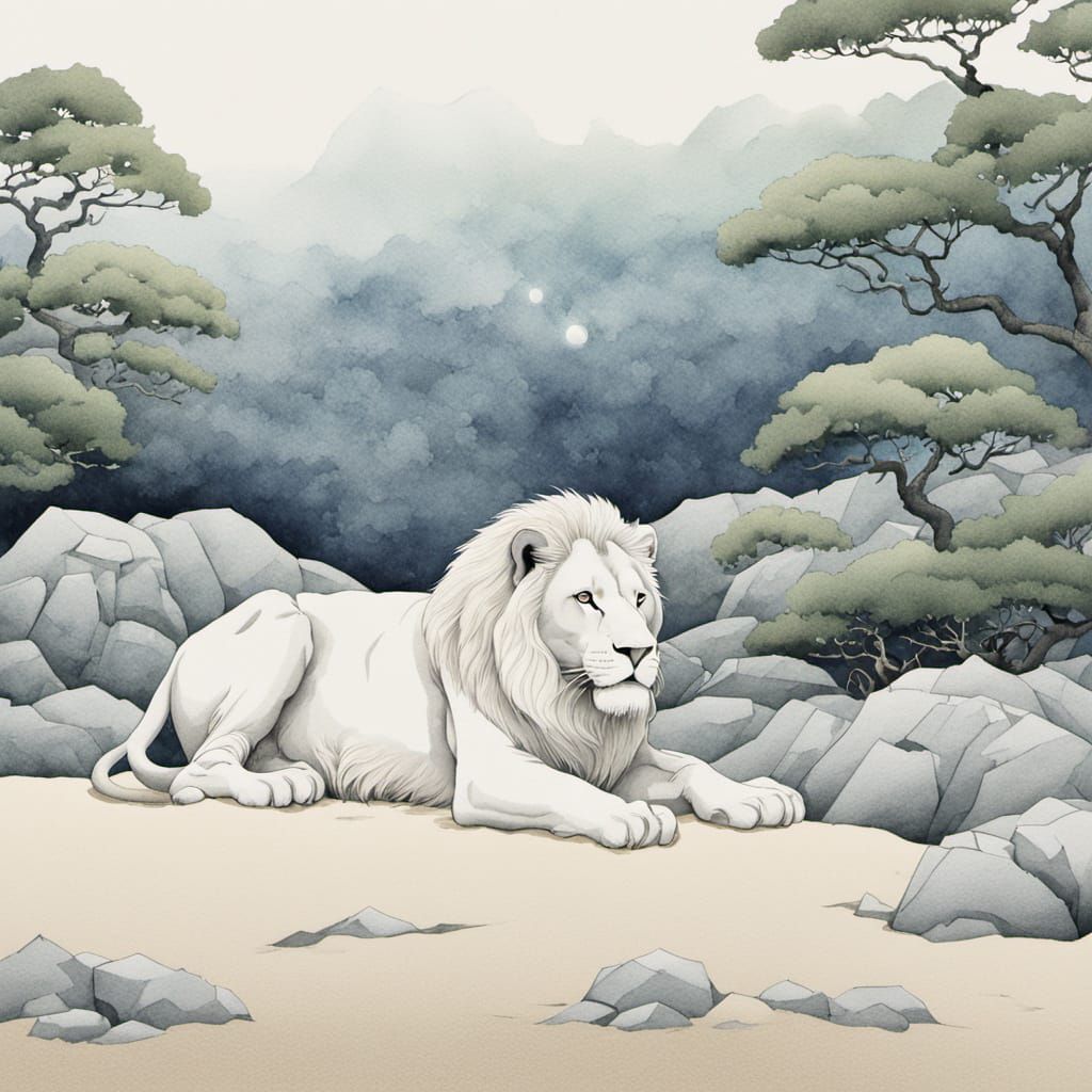 White Lion Guarding Zen Garden in Watercolor Style