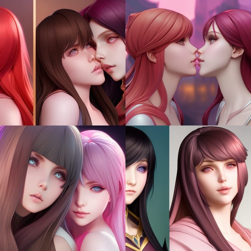 Two Girls Kissing: Detailed Digital Portrait