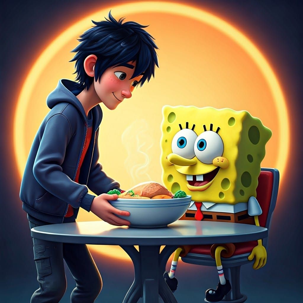 Hiro Hamada Serves Soup to SpongeBob: 3D Art