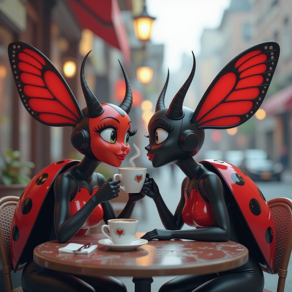 Cartoon Devil Sips Coffee Amidst Kissing Ladybirds and Dange...