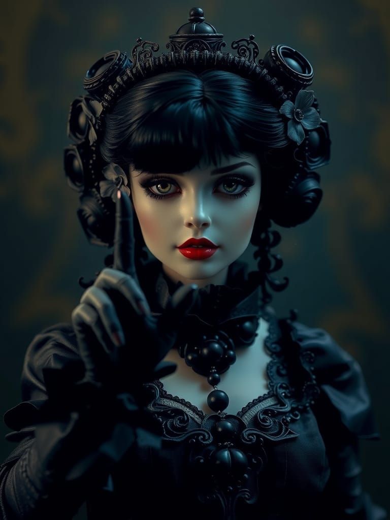 Eerie Gothic Doll Commands Silence in Cinematic Style