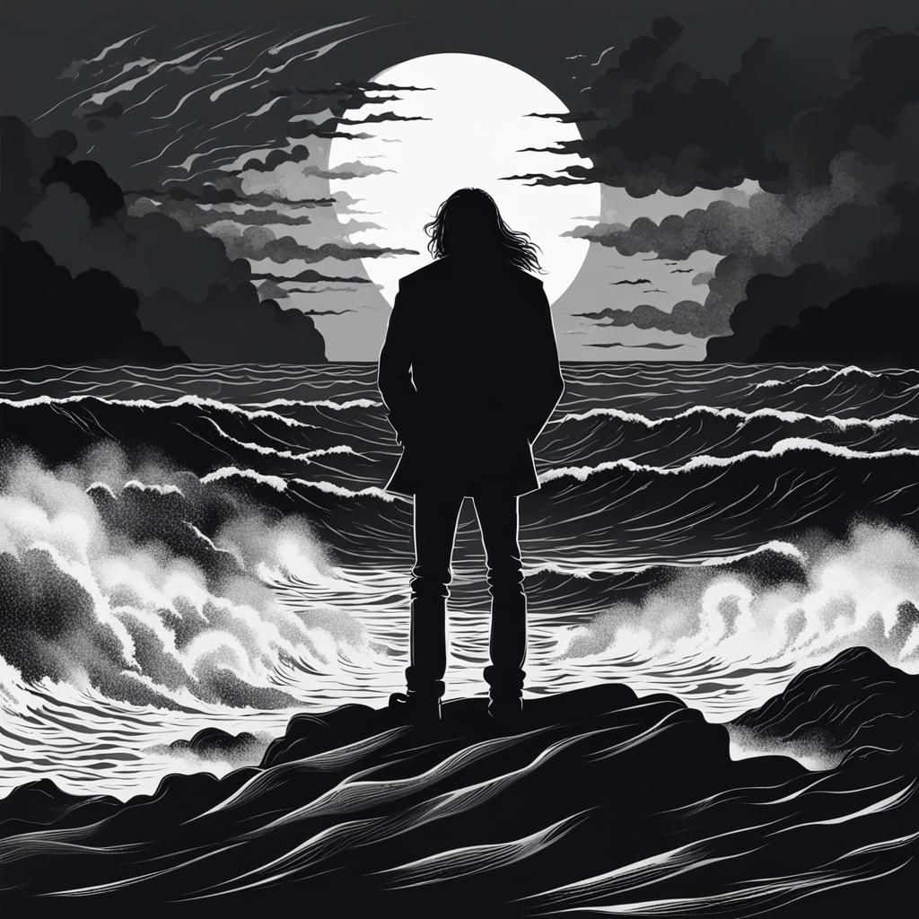 Lonely Man Silhouette by Stormy Sea