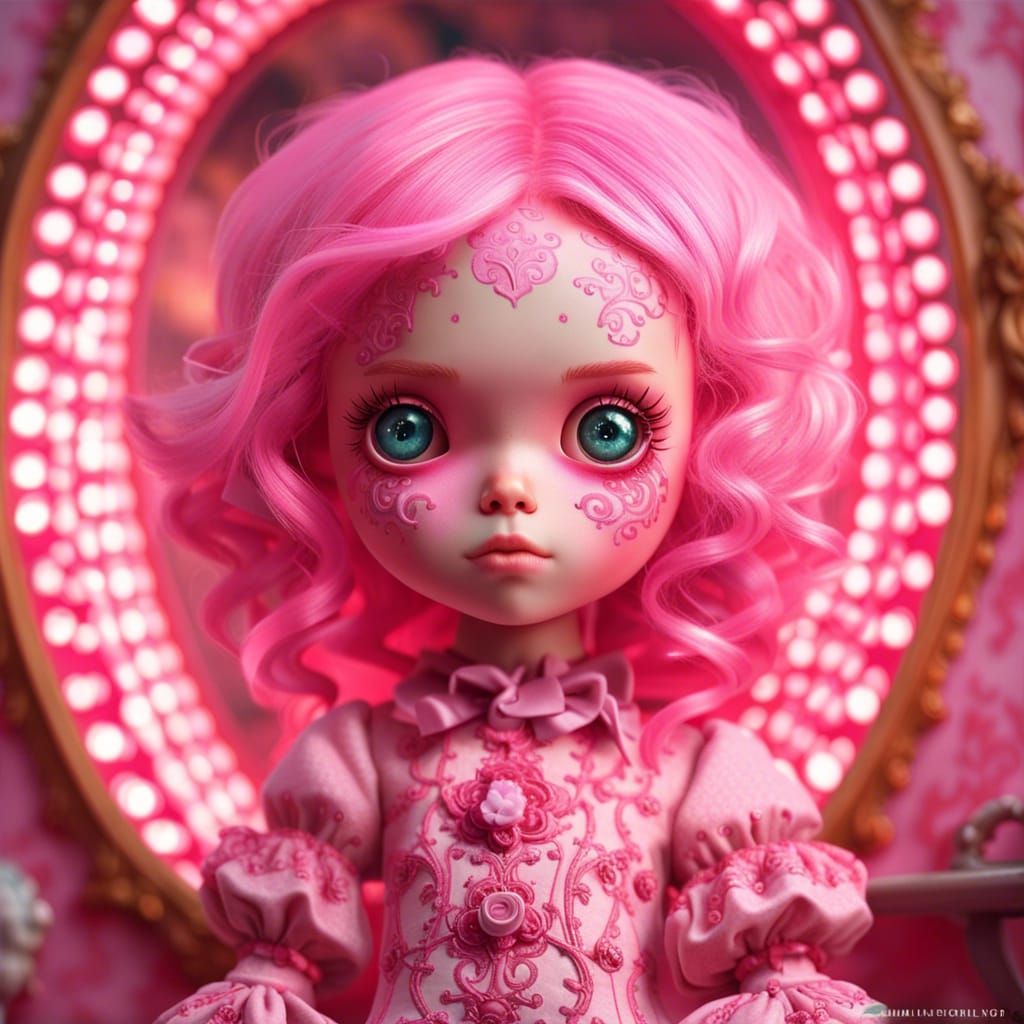 Cute Pink Blythe Doll in Rococo Room, Digital Art