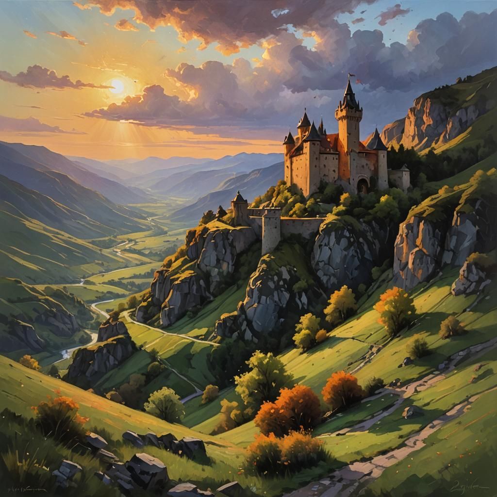 Sunset Castle Overlooking Valley as Oil Painting