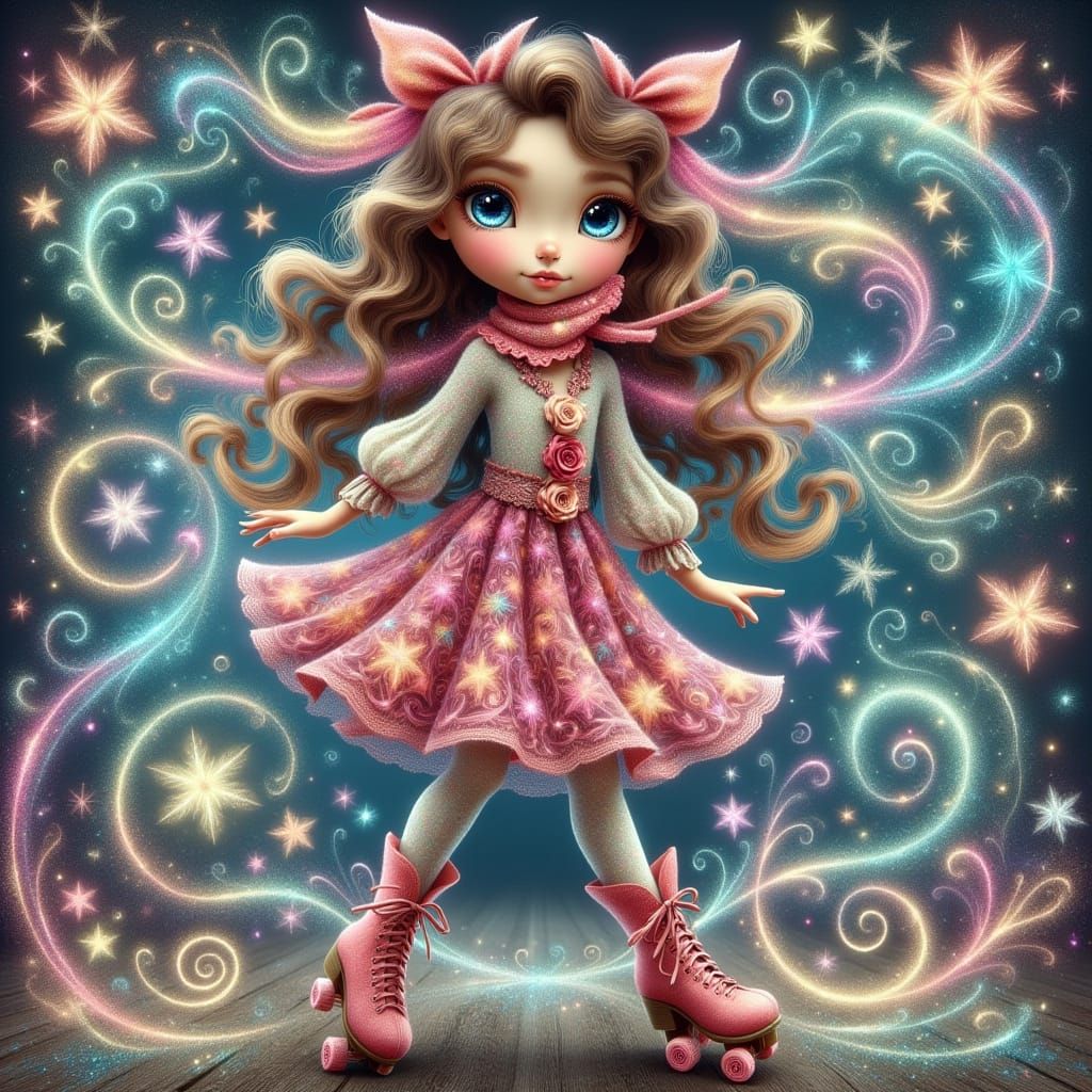 Quirky Girl on Roller Skates in Chalk Art Style