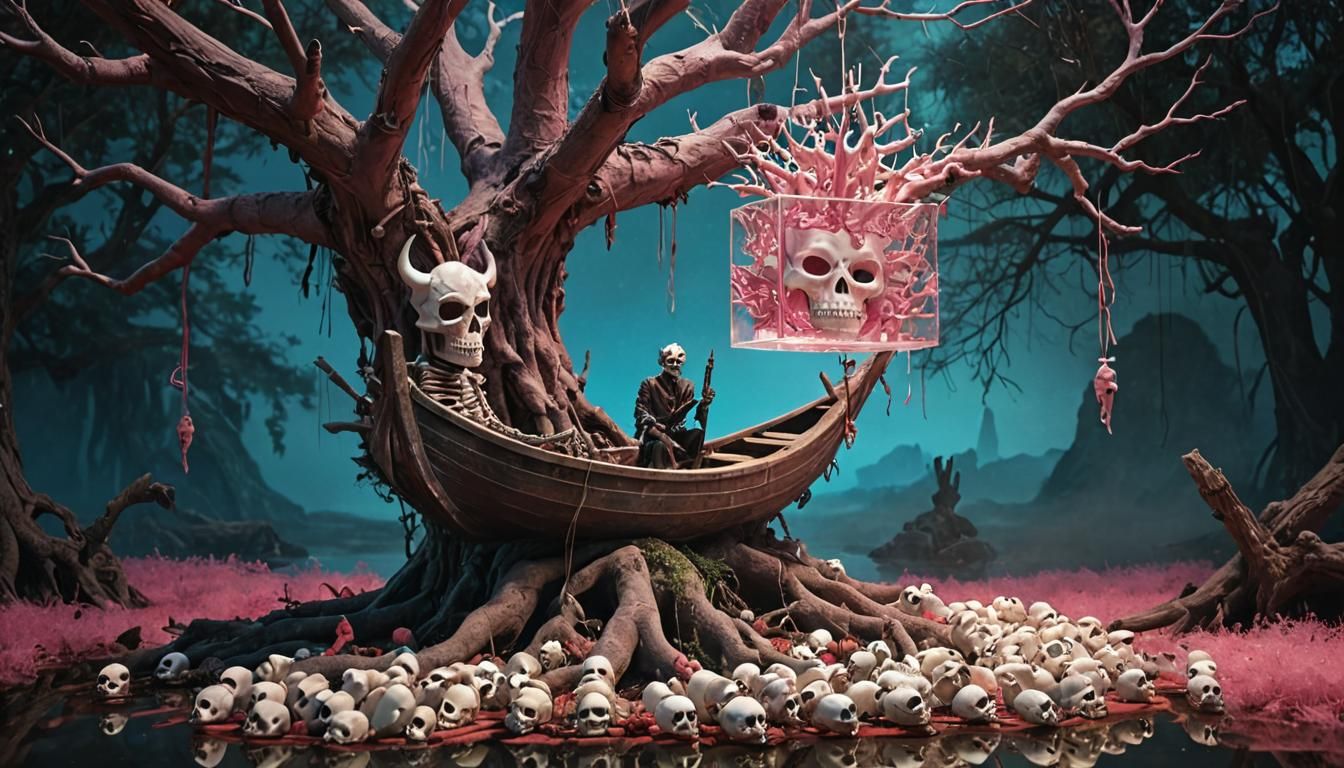 Surreal Demon in Tree with African Masks