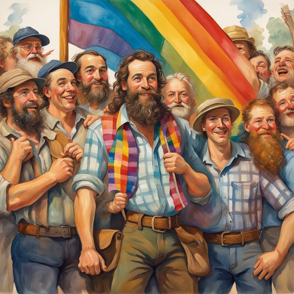 Two Men with Rainbow Flag in Gouache Style