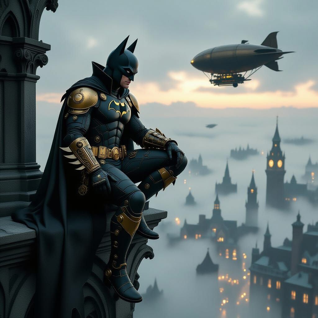 Steampunk Batman on Gargoyle in Foggy Victorian City