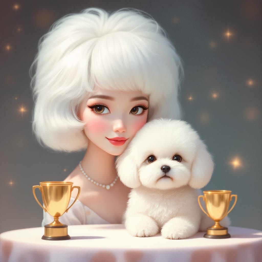 Woman and Puppy with Matching Hair and Trophies