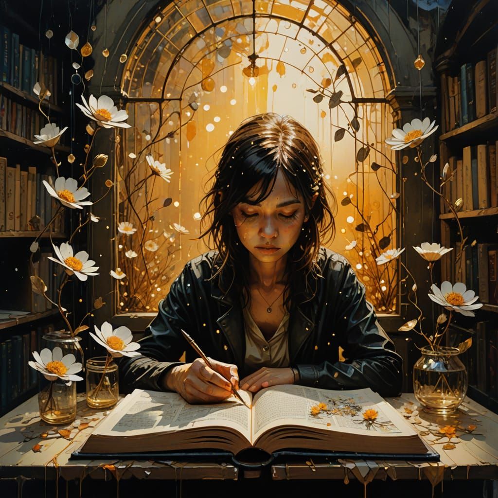 Enchanted Quill Pen in Magical Library