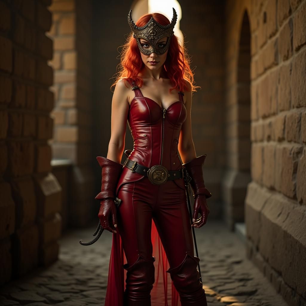 Red-Haired Woman in Leather and Venetian Mask