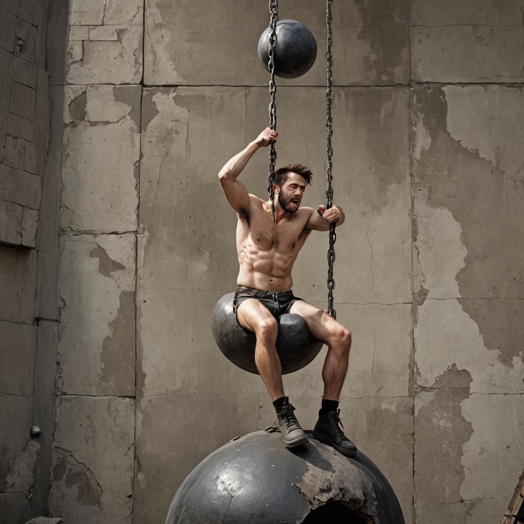 Shirtless Man on Wrecking Ball: Photorealistic Image