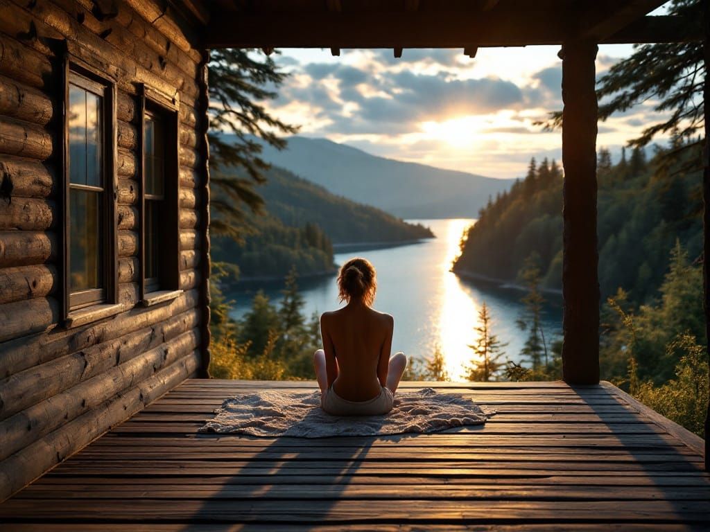 Cabin View: Serene Woman at Sunset