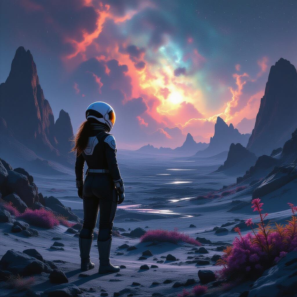 Astronaut Gazes at Nebula on Alien Planet