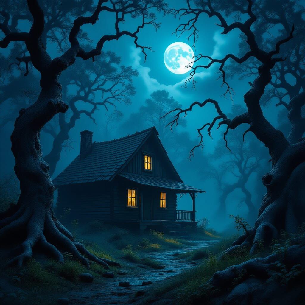 Mysterious Moonlit Cabin in Ancient Forest