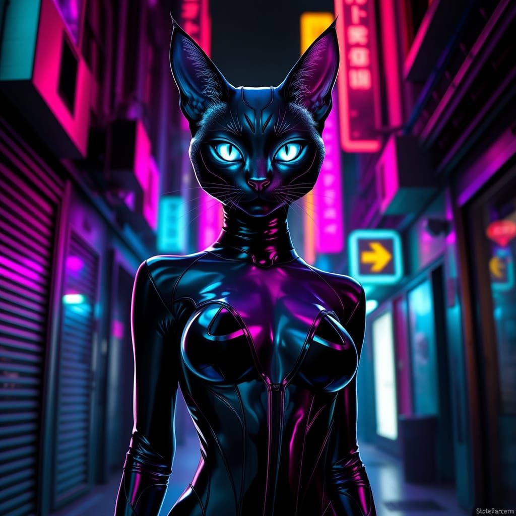 Cyberpunk Catwoman in Neon Alleyway