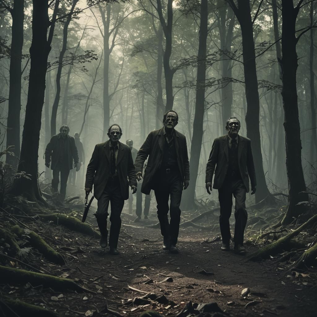 Zombified Men Roaming Woods: Vintage Horror Aesthetic