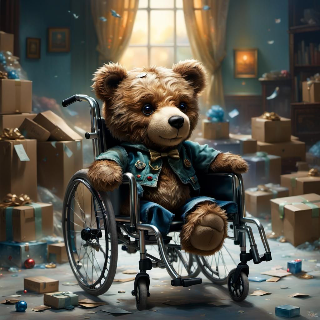 Sad Teddy Bear Amputee in Wheelchair, Fantasy Art
