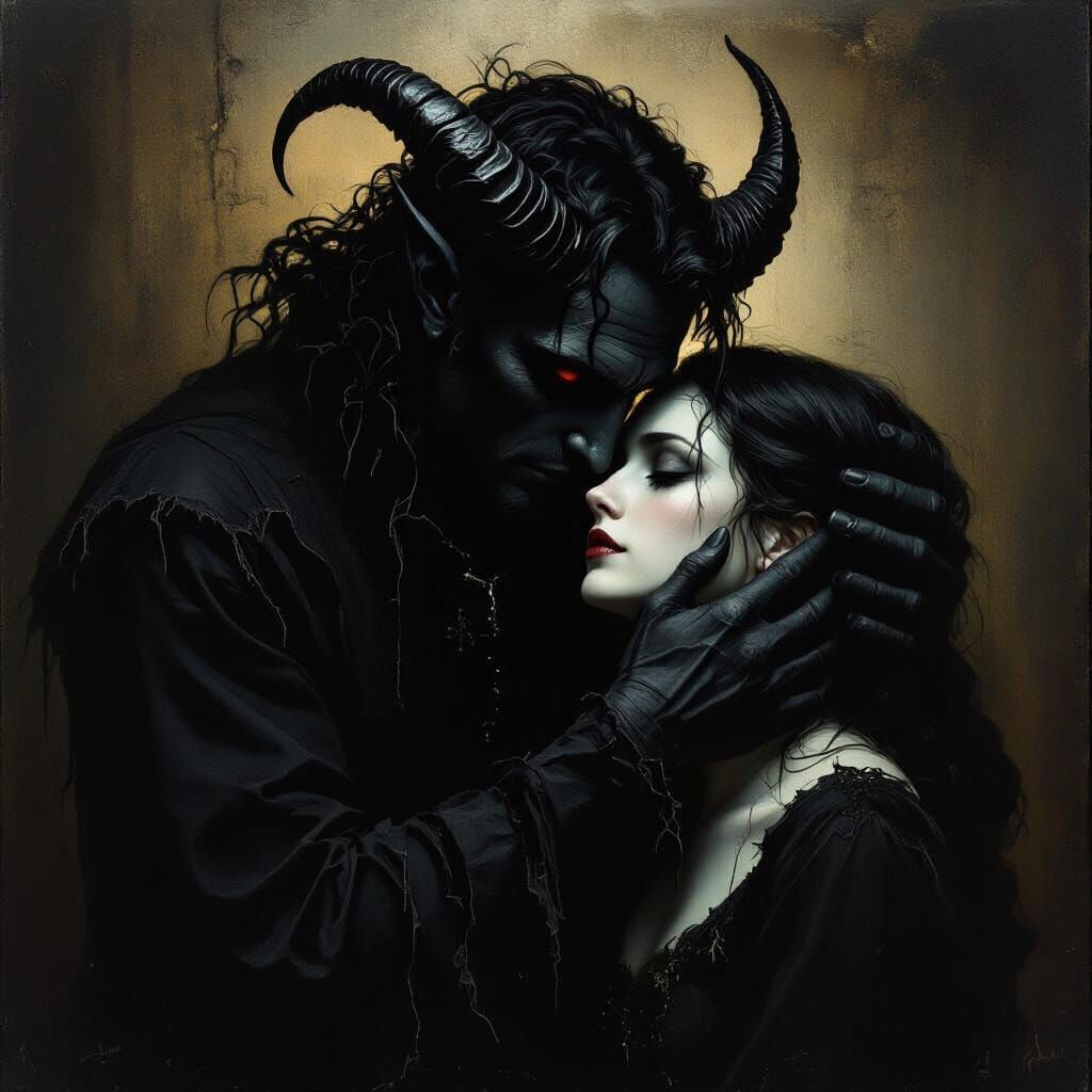 Demon Cradles Woman's Face: A Dark Fantasy Scene
